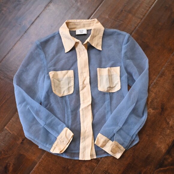 Maryam Nassir Zadeh Blue/Cream Corsetted Button Up Shirt, XS - Picture 2 of 4